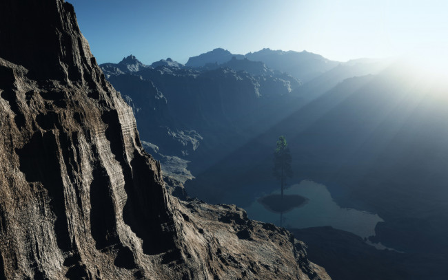 Обои картинки фото 3д графика, природа , nature, дерево, озеро, горы, лучи