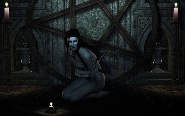 Обои картинки фото 3д графика, существа , creatures, фон, свечи, взгляд, эльфийка