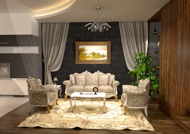 Обои картинки фото 3д графика, реализм , realism, диваны, картина, растение, шторы, столик