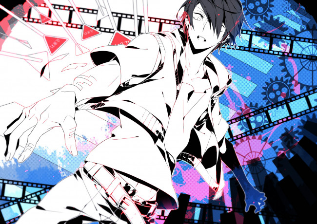 Обои картинки фото аниме, kagerou project, amamiya, hibiya, шестирёнки, tanitsu, itta, vocaloid, kagerou, project, абстракция, знаки, кинолента, парень, арт