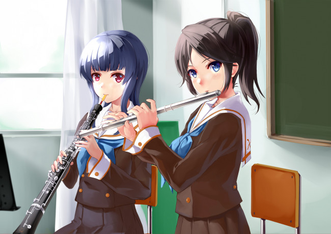 Обои картинки фото hibike euphonium, аниме, музыка, девушки, арт, mizuki, ame, character, tagme, hibike, euphonium, музыкальные, инструменты, взгляд