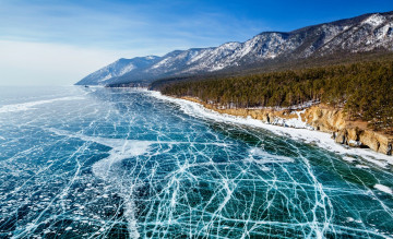 Картинка природа побережье байкал озеро лед берег горы лес