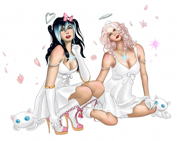 Обои картинки фото рисованное, комиксы, девушки, фон, игрушки, взгляд