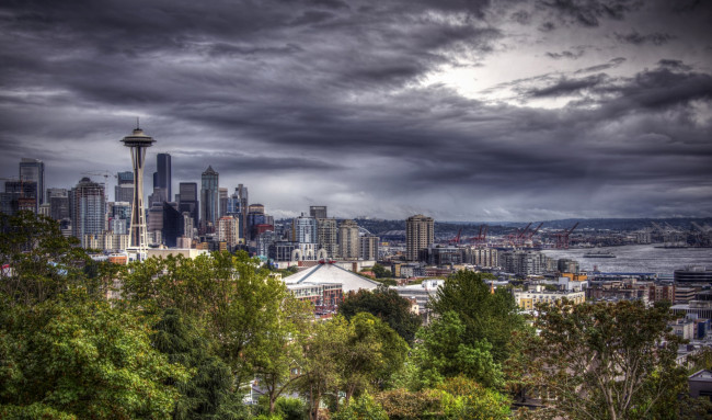 Обои картинки фото сиэтл, города, сиэтл , сша, деревья, небоскребы, тучи