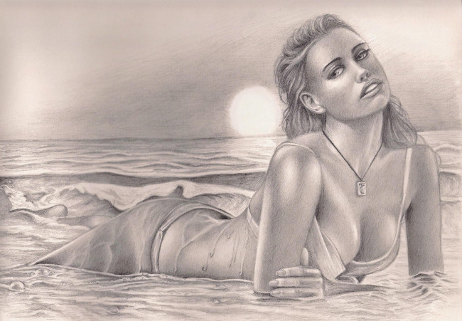 Обои картинки фото рисованное, люди, море, луна, фон, девушка