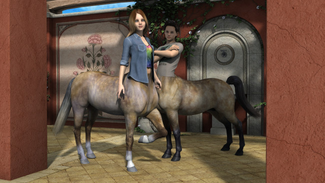 Обои картинки фото 3д графика, существа , creatures, фон, centaur, взгляд, девушки