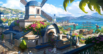 Картинка аниме город +улицы +интерьер +здания люди море корабли