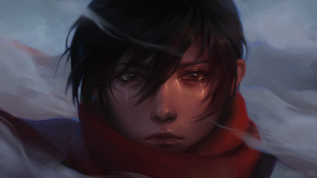 Обои картинки фото аниме, shingeki no kyojin, лицо, слезы, шарф