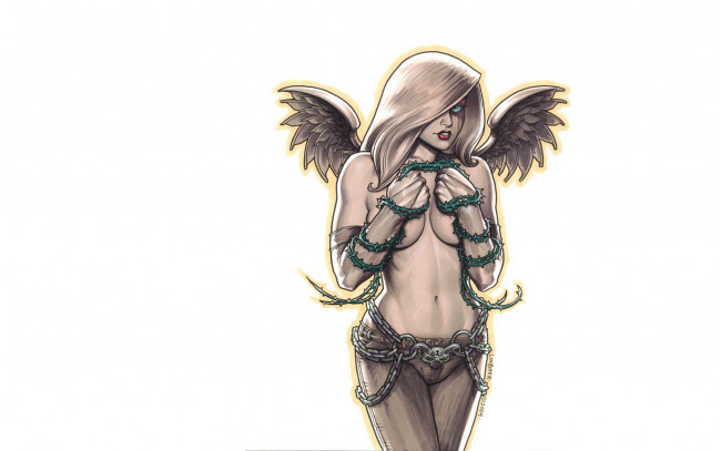 Обои картинки фото рисованное, joseph michael linsner, девушка, крылья, цепи, шипы