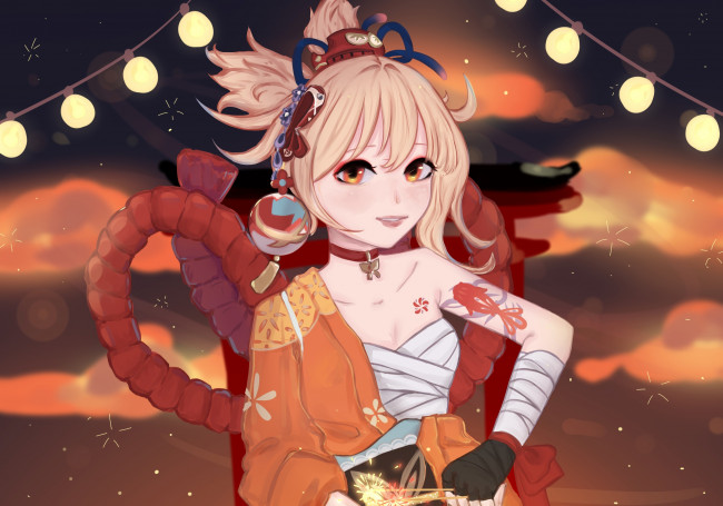 Обои картинки фото аниме, genshin impact, девочка, лампочки