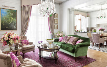 Картинка интерьер гостиная мягкий уголок картина букет