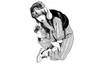 Картинка рисованное люди девушка очки наушники сок