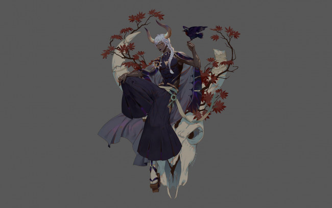 Обои картинки фото фэнтези, существа, парень, рога, птица, телец