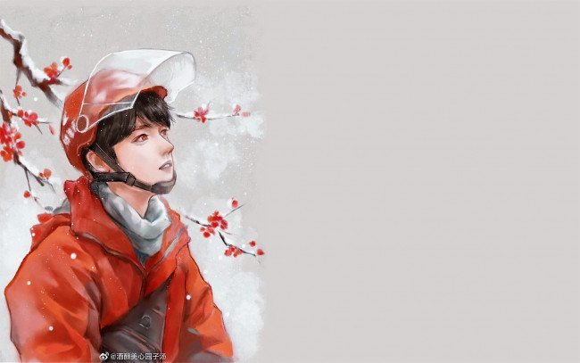 Обои картинки фото рисованное, люди, сяо, чжань, шлем, куртка, ветка