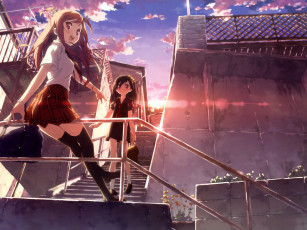 Картинка аниме kantoku artbook девушки лестница закат