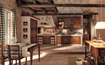 Картинка интерьер кухня стол мойка продукты шкафы балки