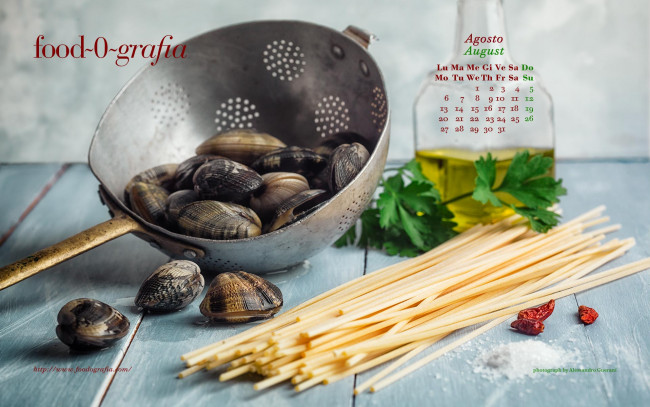 Обои картинки фото календари, еда, спагетти, мидии, масло, петрушка