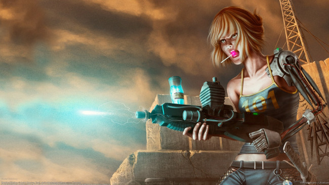 Обои картинки фото daniel, oldenburg, фэнтези, роботы, киборги, механизмы, девушка, оружие, леденец, киборг