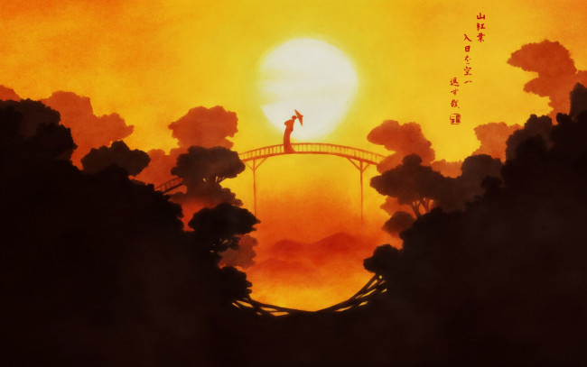 Обои картинки фото hakkenden, аниме, *unknown, другое, мост, закат, зонт, человек