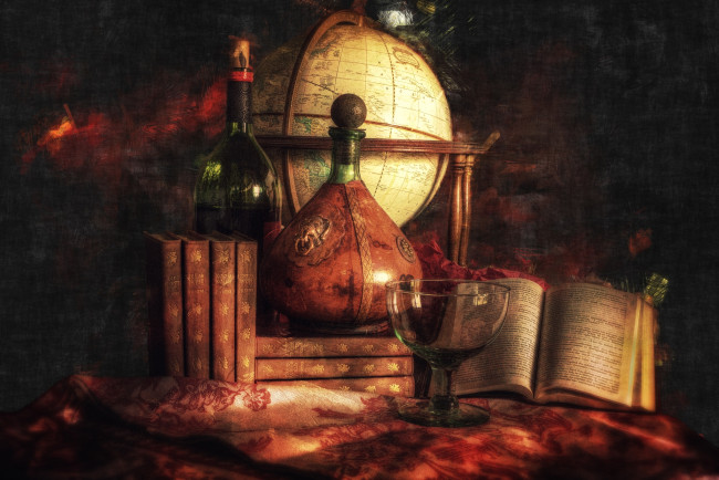 Обои картинки фото разное, глобусы, карты, бутылки, бокал, книги, глобус