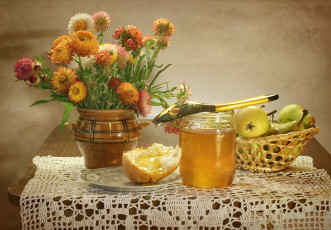 Картинка еда натюрморт яблоки мед бессмертник