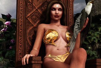 Картинка 3д+графика фантазия+ fantasy трон цветы птица фон взгляд девушка