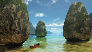 Картинка 3д+графика природа+ nature лодка скалы море облака
