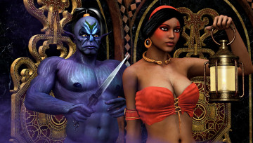 Картинка 3д+графика фантазия+ fantasy фон взгляд девушка существо фонарь