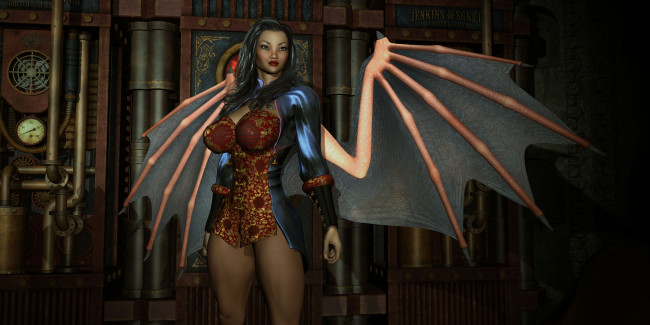 Обои картинки фото 3д графика, существа , creatures, девушка, взгляд, фон, демон, крылья