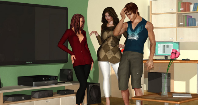 Обои картинки фото 3д графика, люди , people, интерьер, парень, фон, взгляд, девушки