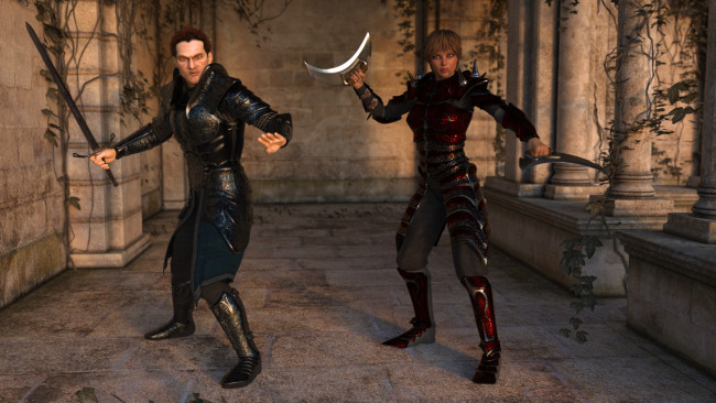 Обои картинки фото 3д графика, фантазия , fantasy, мужчина, оружие, взгляд, фон, девушка