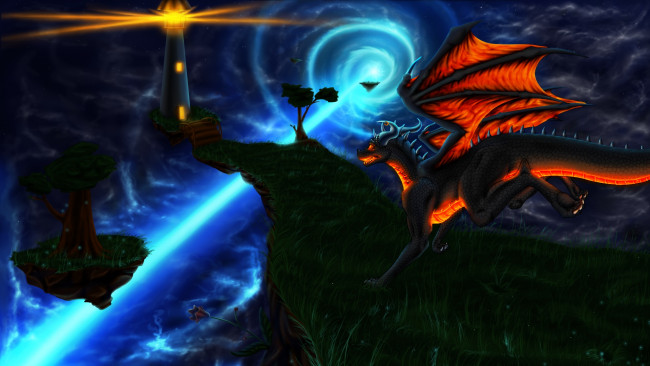 Обои картинки фото рисованное, животные,  сказочные,  мифические, дракон, маяк, фон