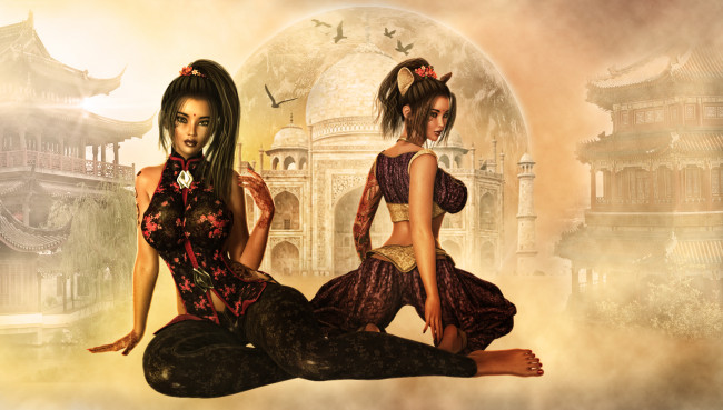 Обои картинки фото 3д графика, люди , people, фон, взгляд, девушки