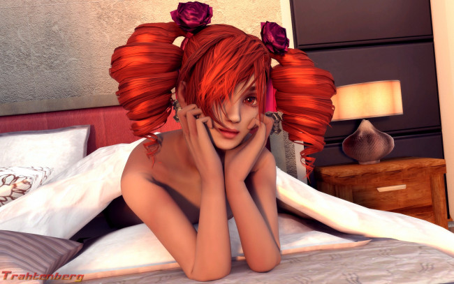 Обои картинки фото 3д графика, люди , people, кровать, фон, взгляд, девушка