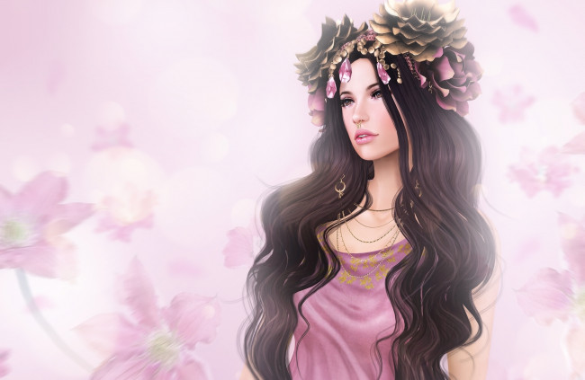 Обои картинки фото рисованное, люди, брюнетка, украшения, цветы, волосы, девушка
