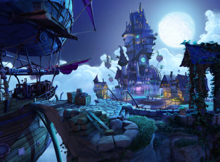 Картинка видео+игры book+of+unwritten+tales +critter+chronicles дом небо корабль остров двор луна