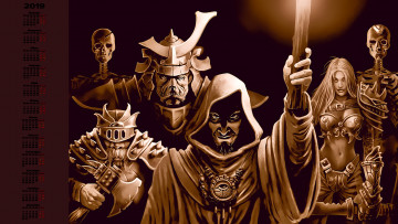 Картинка календари фэнтези мужчина взгляд девушка скелет оружие