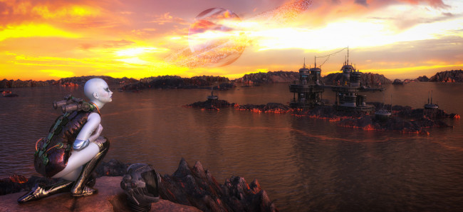 Обои картинки фото 3д графика, фантазия , fantasy, фон, взгляд, девушка