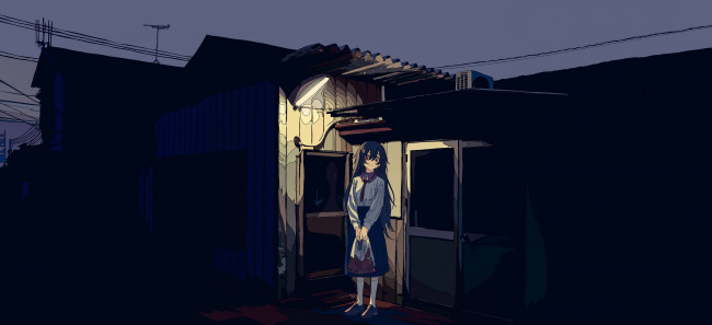 Обои картинки фото аниме, город,  улицы,  интерьер,  здания, девушка