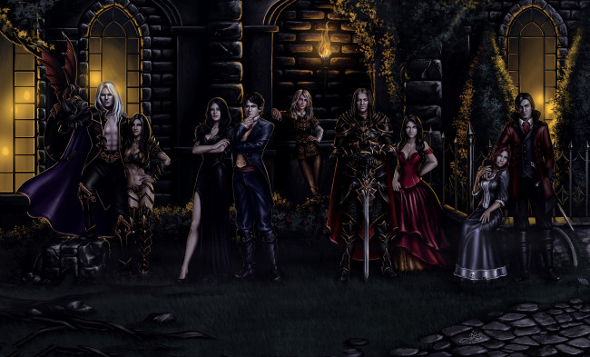 Обои картинки фото фэнтези, вампиры, девушки, взгляд, фон, мужчины