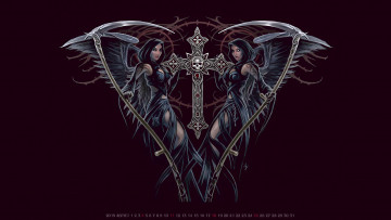 Картинка календари фэнтези крылья девушка крест женщина капюшон черный фон calendar 2019