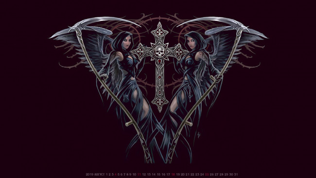 Обои картинки фото календари, фэнтези, крылья, девушка, крест, женщина, капюшон, черный, фон, calendar, 2019