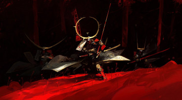 Картинка фэнтези люди самураи рога оружие лес