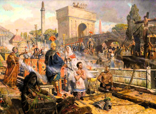 обоя рисованное, павел рыженко, люди, римляне, солдаты, казнь, город, крест