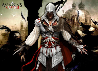 обоя видео игры, assassin`s creed ii, ассасин, эцио, лезвия, оружие, купол, люди