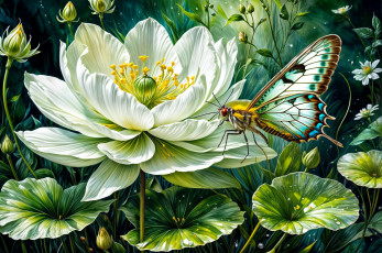 Картинка рисованное цветы листья бутоны бабочка