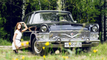 Картинка автомобили -авто+с+девушками машина чайка трава девушка шатенка платье каблуки лес