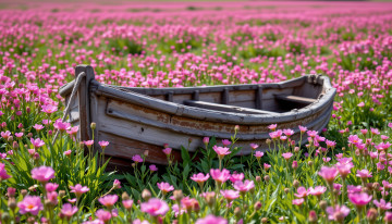 обоя 3д графика, реализм , realism, луг, цветы, лодка