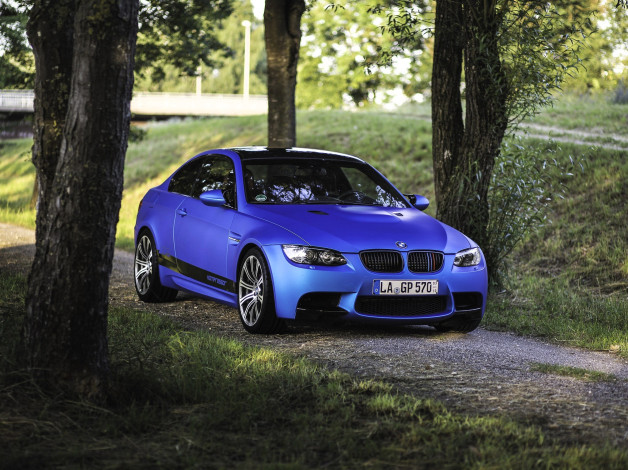 Обои картинки фото bmw e92, автомобили, bmw, синий, дорожка, деревья, парк