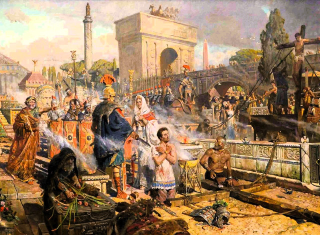 Обои картинки фото рисованное, павел рыженко, люди, римляне, солдаты, казнь, город, крест